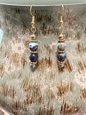 Gold-Accent Blue Stone Bead Drop Earrings